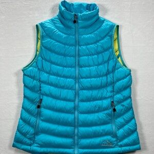 LL Bean DownTek Water Repellent Full Zip Vest Teal & Lime Green Womens Size L